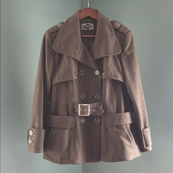Wool Dark Green Brown Double-Breasted Trench Coat - Picture 1 of 6
